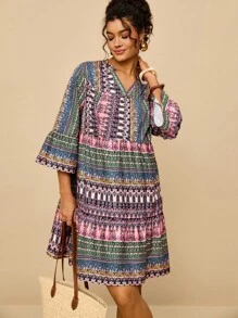 SHEIN VCAY Sukienka damska w paski, dekolt w serek, rękawy 3/4, plus size, krótka, marszczona w talii, luźna, swobodna, w stylu boho, do kolan, odpowiednia na lato i jesień - Wielokolorowe - Zobacz 3