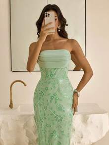 Vowa Vestido con tirantes finos, con bordado de cuentas, de malla brillante y negro, con espalda abierta y lazo, con sutil bajo de cola de sirena, adecuado para discoteca, fiesta, playa, vacaciones y cóctel