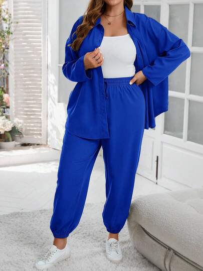 SHEIN LUNE Plus Size Women's Casual Solid Color Drop Shoulder Loose Long Sleeve Shirt And Drawstring Waist Ankle Length Pants 2 Pieces Set, Spring/Autumn Two Pieces Set Women 2 Pieces Set Women Blue 2 Pieces Set Women 2 Pieces Casual Set Women Women Two Pieces Pant Set Plus Size Two Pieces Set Women Women Blue Two Pieces Outfit 2 Pieces Set Women 2 Pieces Casual Set Women Women Blue Two Pieces Set Two Pieces Set Women Blue Two Pieces Set Women