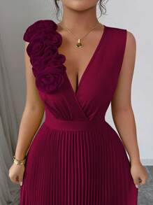 Elenzga Váy chữ A thanh lịch cổ chữ V thắt eo màu vàng kem họa tiết hoa chắp vá dành cho nữ, mùa hè - Màu Đỏ Sâu - Xem 6