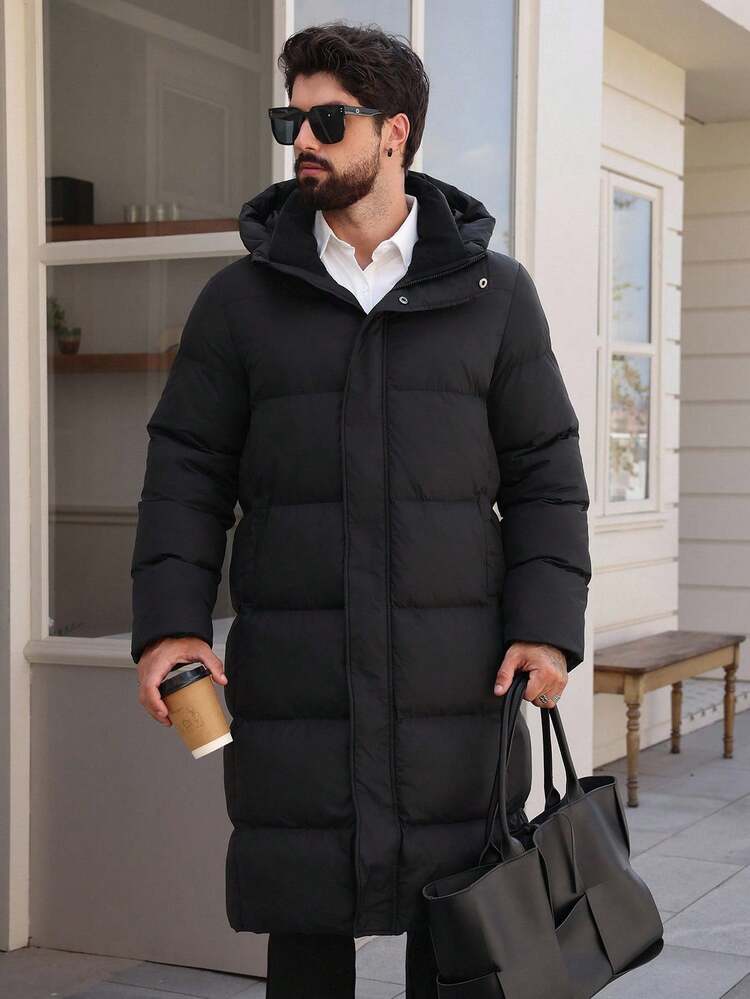Men's Long Black Hooded Thick Padded Winter Coat