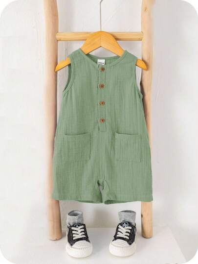 SHEIN Neugeborenen Baby Jungen Sommer Lässig Urlaub süßer grüner ärmelloser Romper geeignet für Geburtstag, Abendveranstaltung, Aufführung, Hochzeit, Ein-Monats-Feier, Taufe und erste Geburtstagsfeier, Baby Shower