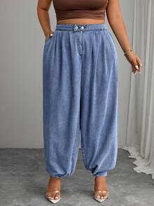 Elenzga Plus Size Women Light Blue Washed Denim Jeans With Pleated Design, Loose Fit Cowboy Pants - Light Wash - View 5