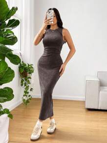 SHEIN EZwear 做旧雪花印花无袖中长连衣裙 - 棕色 - 查看 3