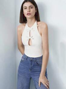 Maija Women's White Hollow Out Bow Decor Round Neck Sleeveless Tank Top, Casual Minimalist Elegant Sexy Everyday Wear, Party, Valentine's Day Festival