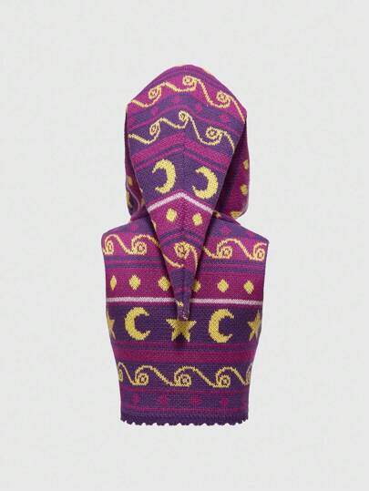 Hippie Women's Retro Hippie Witch Mysterious Hooded Striped Jacquard Sun & Moon Print Sleeveless Knit Top, Purple