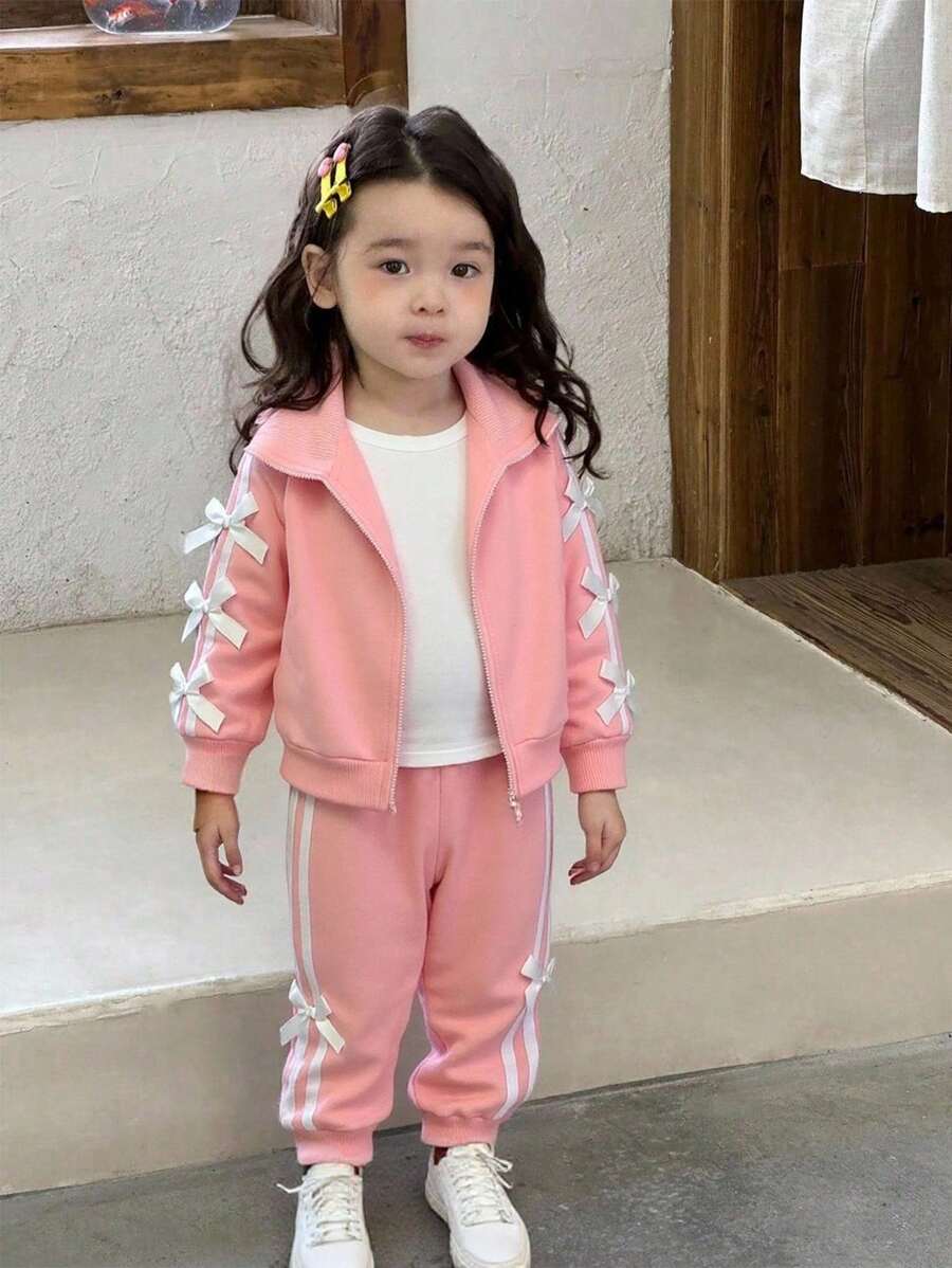 SHEIN 2 件套女婴连帽拉链夹克和条纹蝴蝶结运动衫，配有松紧腰休闲裤，适合秋季的舒适运动服，日常休闲服 - 粉色 - 查看 1