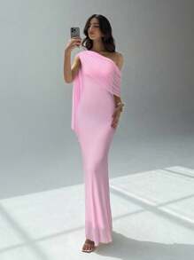 Aloruh Đầm suông nữ thiết kế thắt nơ bất đối xứng màu trơn thanh lịch - Màu Hồng baby - Xem 4