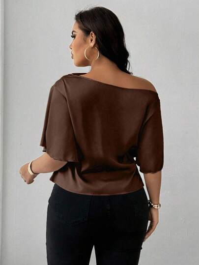 Maweii Plus Size Women's Sexy Asymmetrical Shoulder Ruffle Trim Short Sleeve Elegant Casual Spring/Summer Commuting Satin Comfortable Brown Ladies Blouse