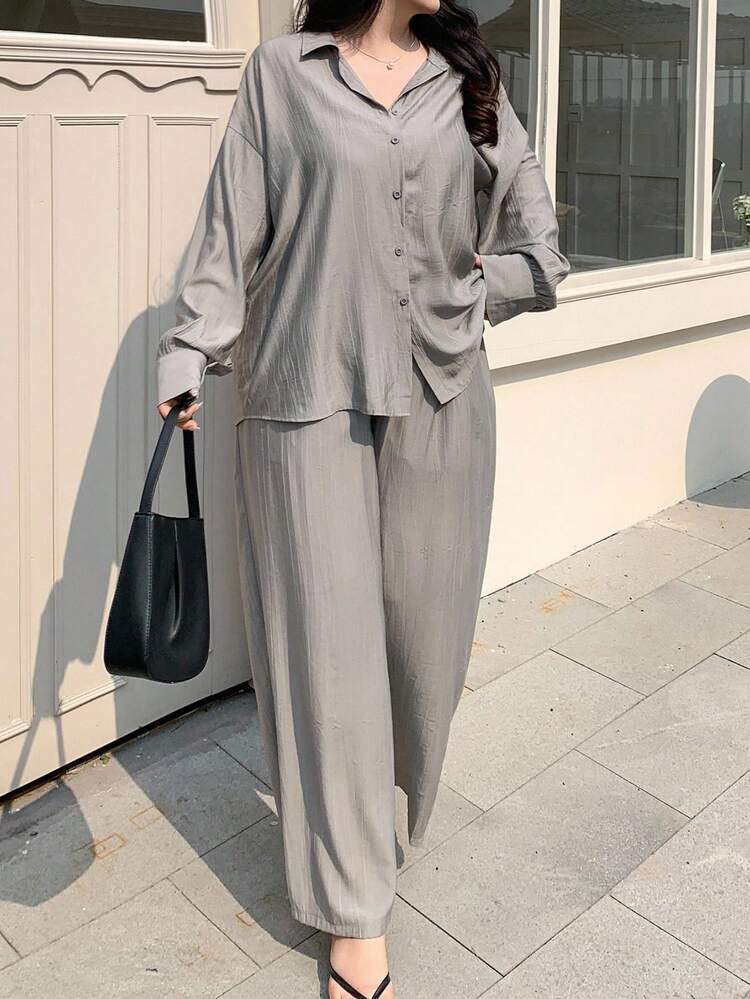 Dazy Plus 2pcs Plus Size Women Business Casual Loose Textured Chiffon Minimalist Suit Set Fall/Winter Lounge Sets For Women