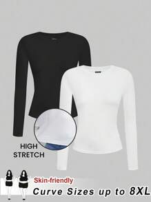 SHEIN CURVE+ Curve Plus Size/Autumn Clothes /Fall Women Clothes/Winter Clothes For Women/Winter ClothesPlus Size Casual Long Sleeve Basic T-Shirt, Fall 2025 Back To School Collection