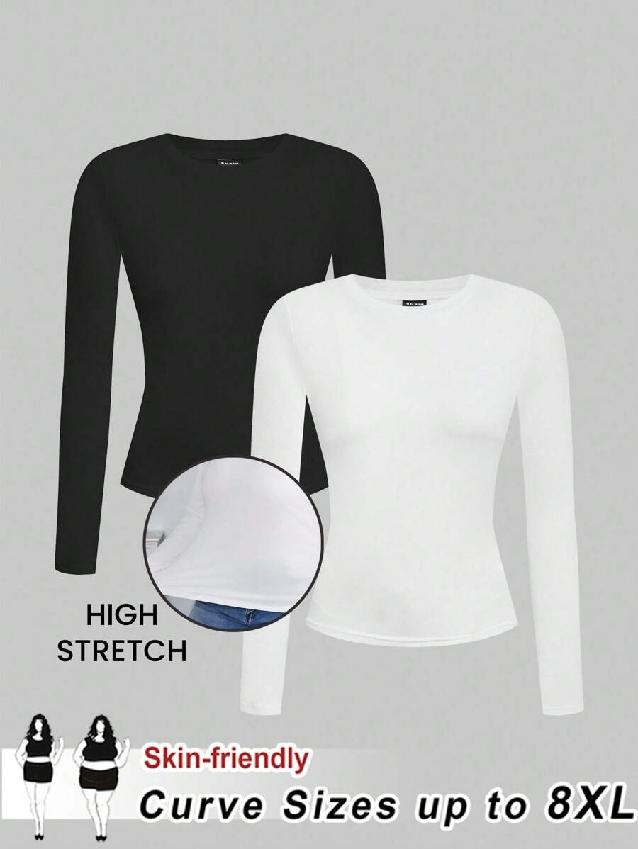 SHEIN CURVE+ Curve Plus Size/Autumn Clothes /Fall Women Clothes/Winter Clothes For Women/Winter ClothesPlus Size Casual Long Sleeve Basic T-Shirt, Fall 2025 Back To School Collection