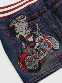 Betty Boop | ROMWE Y2K 机车骑士时尚卡通人物刺绣甜美酷炫豹纹罗纹腰带牛仔迷你裙 - 藍色 - 查看 4