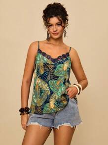 SHEIN VCAY 大码女式绿色热带印花宽松吊带背心，V 领蕾丝边肩带图案衬衫，适合夏季度假 - 綠色 - 查看 1