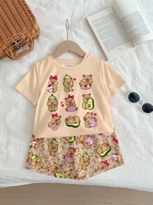 SHEIN 可爱水豚和豹纹，牛油果色、粉色和棕色，卡哇伊风格，少女休闲简约圆领短袖短裤睡衣套装，适合夏季 - 彩色 - 查看 2