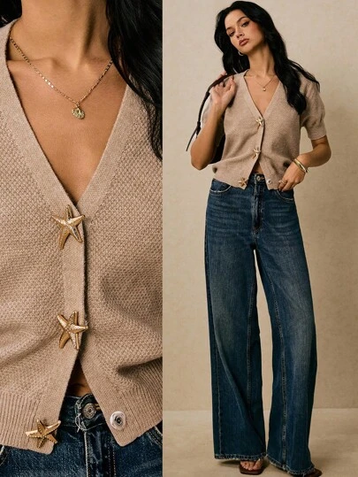 Poéselle Khaki Knit Cardigan,Exaggerated Starfish Metal Buckle Decoration,Women's Solid Color V-Neck Metal Decor Casual Short Sleeve Knit Cardigan,Fall Women Clothes ,Simple And Fashionable, Old Money Style,  Suitable For Daily Wear, Going Out, Commuting, Holidays, Dating, Parties, Banquets And Other Occasions Short Sleeve Cardigan Fall Women Clothes ,Cardigan For Women Brown Cardigan Light Brown Cardigan Short Sleeve Sweater,Poeselle Fall Tops,Knitted Sweater