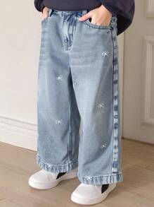 Dazy Kids 女童蝴蝶结刺绣牛仔裤，年轻女孩秋装 - 藍色 - 查看 7