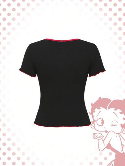 Betty Boop | ROMWE Camiseta ajustada de mujer con estampado de Betty dulce y picante, decorada con lazo, estilo Y2K
