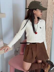 Dazy Kids Áo len thêu cổ tròn cho bé gái, Quần áo mùa thu - trắng - Xem 7