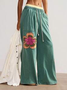 Bohemela 女士休闲针织拼布宽松阔腿裤 - 綠色 - 查看 4