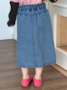 Dazy Kids 年轻女孩休闲宽松牛仔腰纽扣中长裙 - 中等水洗藍 - 查看 5