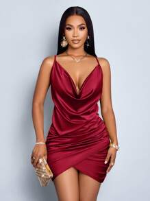 SOLERSUN Elegant Solid Color Draped Collar Backless Ruched Satin Party Bodycon Short Dress - Burgundy - View 5