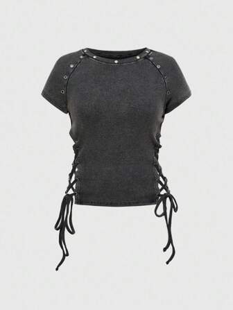Grunge Punk Camiseta versátil de unicolor con diseño de cordón, manga raglán y estampado de copo de nieve lavado, con efecto desgastado y estilo punk con abertura lateral