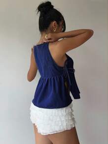 Siren Gaze 女式系腰荷叶边下摆吊带牛仔上衣 - 深色水洗藍 - 查看 2