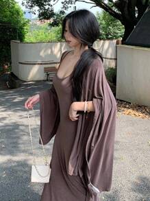 DAZY Women's Loose Casual Sleeveless Dress And Cover Up Set, Elegant Minimalist Style For Office, Vacation, Spring/Summer/Autumn - Brown - View 3