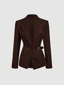 SHEIN MOD Bộ vest nữ đơn giản cổ khoét, eo thắt và quần ống loe, Bộ vest nữ, Bộ đồ hai mảnh màu nâu dành cho nữ, Quần ống loe cho mùa thu/đông - màu nâu - Xem 4