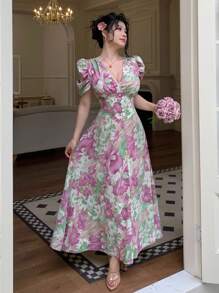 Modelyn 珍珠纽扣装饰交叉领口泡泡袖修身女式连衣裙 - 彩色 - 查看 5