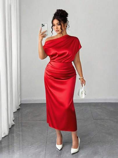 Elenzga Plus Size Women's Satin Asymmetric Ruched Waist A-Line Long Dress, Flattering Plus Size Summer