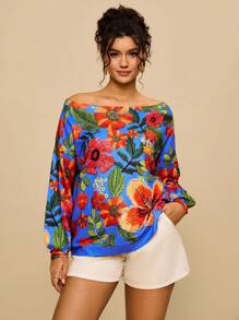SHEIN VCAY Plus Size Casual Floral Print Off Shoulder Sweater Autumn Winter Clothes For Women - Multicolor - View 3