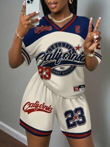 Slaydiva 2pcs/Set Plus Size Casual Minimalist Numeric Print Sports Set, Suitable For SummerSummer Outfits For Women,Two Piece Set Women,Back To School Suitable For Going Out - Multicolor - View 3