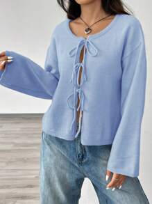 SHEIN EZwear 女士纯色圆领落肩长袖系带休闲毛衣秋冬系带上衣 - 藍色 - 查看 4