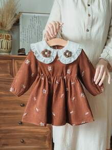 Vintaside Kids Babygirl 女婴春秋款花领长袖优雅时尚连衣裙，适合外出、露营或家庭聚会等日常穿着 - 棕色 - 查看 3