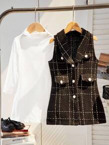 SHEIN 2pcs Young Girl Elegant Solid High Neck Long Sleeve Dress And Plaid Front Button Vest Set, Suitable For School, Travel, Walking - White - View 3