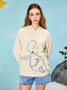 LE PETIT PRINCE X SHEIN 女士休闲卡通人物与字母图案落肩宽松连帽衫，适合春秋季 - 米色 - 查看 4