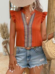 EMERY ROSE 1pc Women Plus Size Plain Crinkle Fabric Ruffle Trim Casual Shirt, Released In July - Orange - View 1