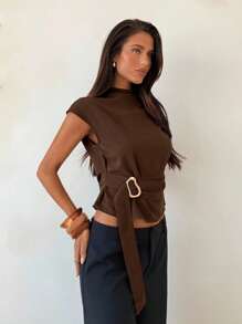 Aloruh Women's Stand Collar Coffee Color Metal Button Decor Office Shirt