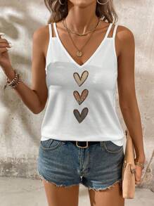 SHEIN LUNE Camiseta sin mangas casual de mujer con cuello en V y holgada, con tirantes ajustables, estampado de corazón, adecuada para el verano