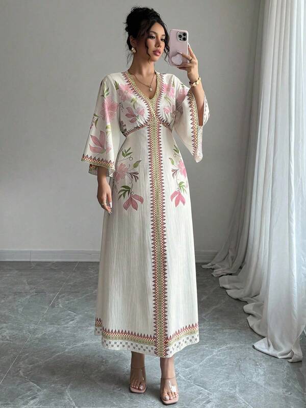 Yasmyna Women's Floral Print Elegant Long Sleeve Dress