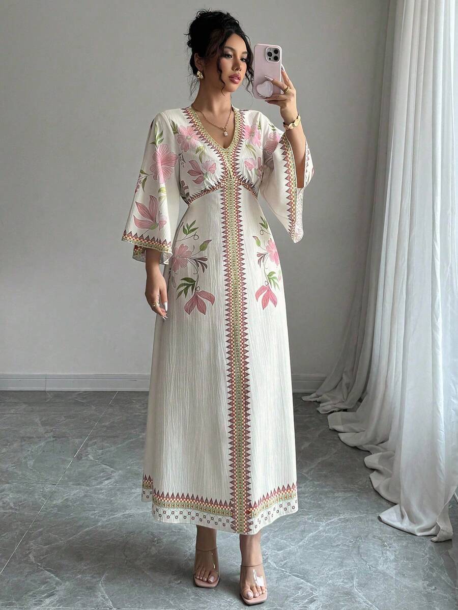 Yasmyna 女士花卉印花优雅长袖连衣裙 - 粉色 - 查看 1