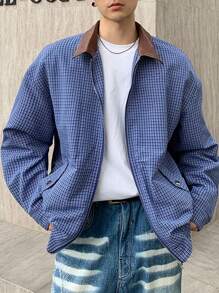 Manfinity Dauomo Men's Casual Loose Contrast Collar Plaid Jacket - Blue - View 1