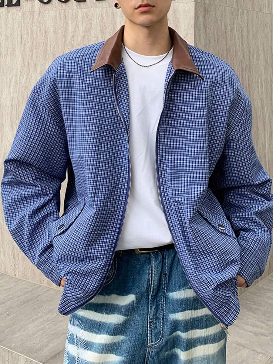 Manfinity Dauomo Men's Casual Loose Contrast Collar Plaid Jacket - Blue - View 1