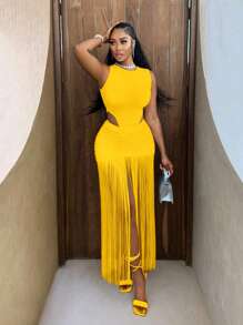 BamGleam Bộ đồ liền thân không tay gợi cảm có chân váy tua rua, mùa hè - Màu vàng - Xem 3