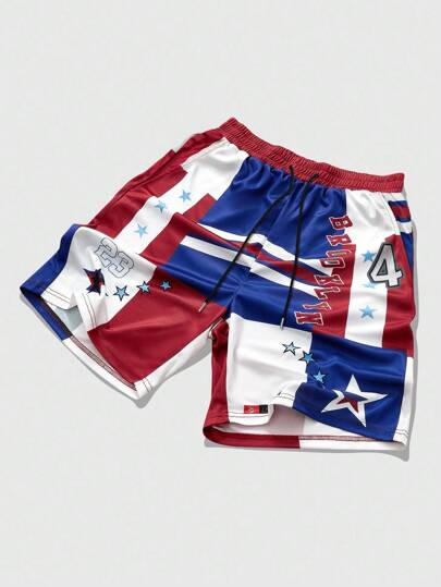 Street Life Herren Straßen Amerikanischer Englisch Abzeichen Muster Farbblockstreifen Motorrad Sports Shorts