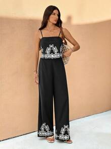 SHEIN Tall Set de 2 piezas de top de tirantes y shorts con estampado floral de verano para mujeres - Negro - Ver 1