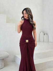Jemour Women's Elegant Party Long Sleeve Sexy High Neck Backless Dress With Metal Buckle Decor, Available In Burgundy And Brick Red, Made Of Stretchy Knit Fabric, Suitable For Cocktail Party, Romantic Date, Autumn/Winter Casual Wear, Wedding, Bridesmaid, Formal Party, Halloween, Christmas, Dress, Dresses For Women,Summer Dresses For Women,Tea Party Dress - Burgundy - View 4