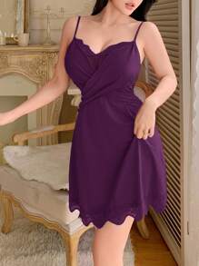 SHEIN Damen minimalistische elegante einfarbige Taille Korsage sexy Spitzen Nachthemd - Violett - Übersicht 5